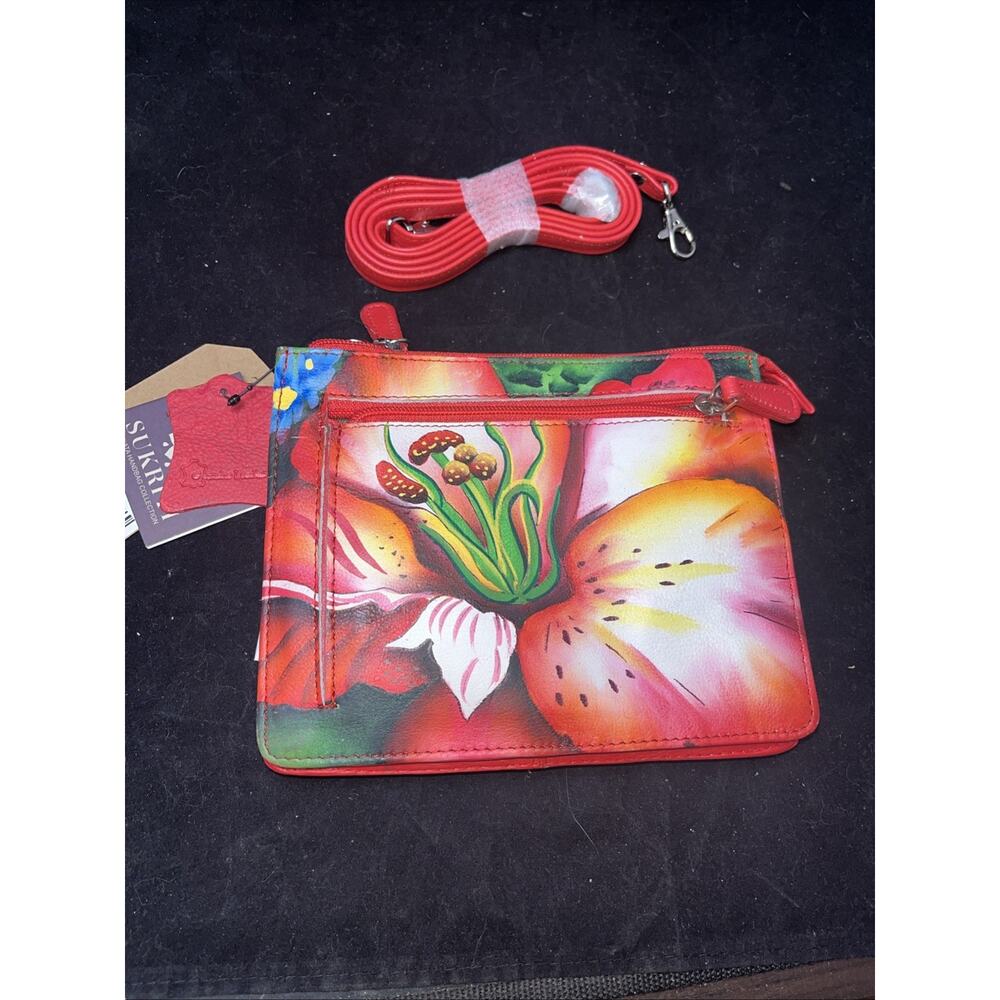 SUKRITI Orange Red Flower Theme Hand Painted Genuine Leather 2in1 Crossbody